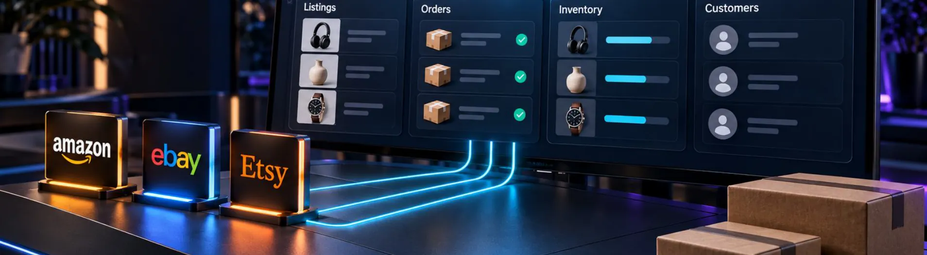 Amazon, eBay and Etsy listings, orders, inventory and customers synced into one Salesforce dashboard